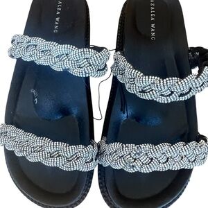 Black and Silver Braided Sandals with Textured Straps